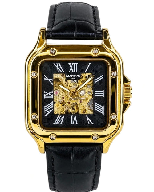Black Gold White Tank Automatic Skeleton Watch