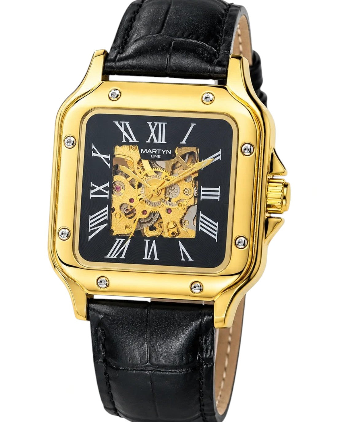 Black Gold White Tank Automatic Skeleton Watch
